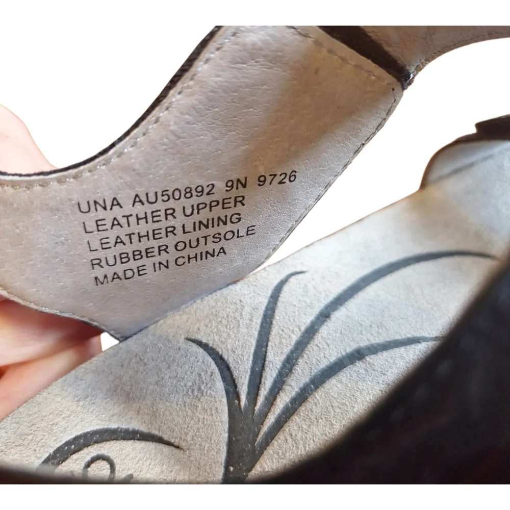 ABEO‎ B.I.O.Systems UNA Black Comfort Leather Boho Wedge Cork Sandals 9N Narrow